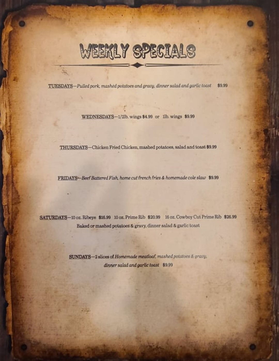 Specials Menu